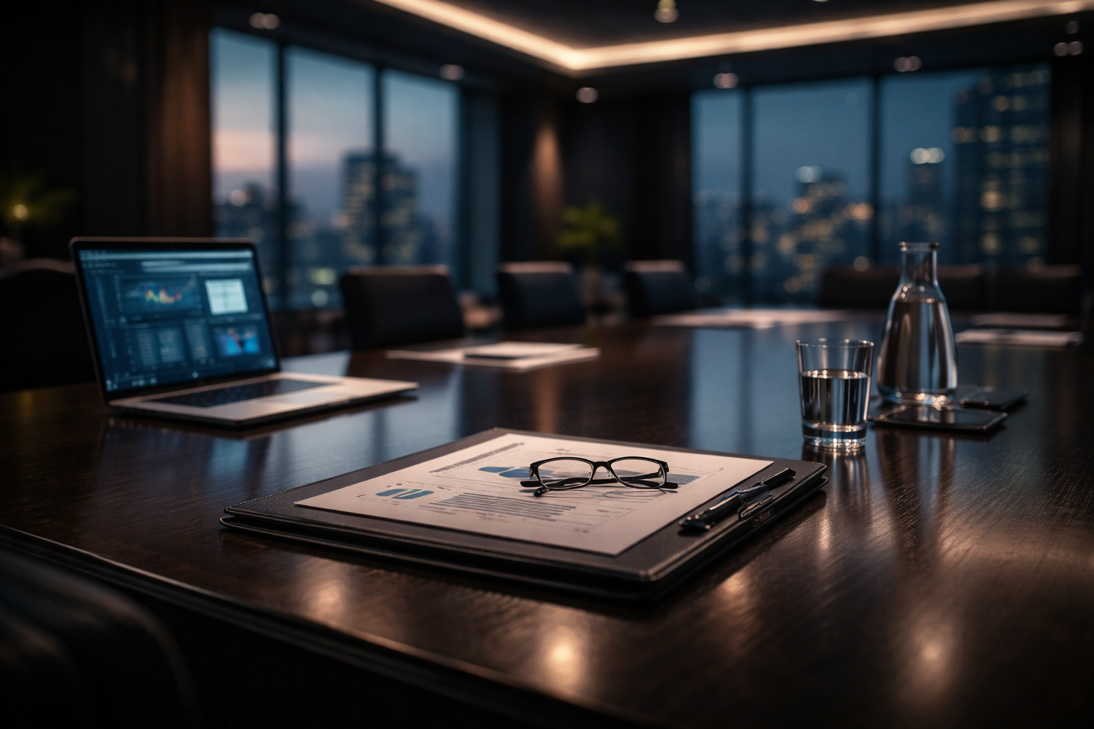 CISO board communication setting in executive boardroom with city view