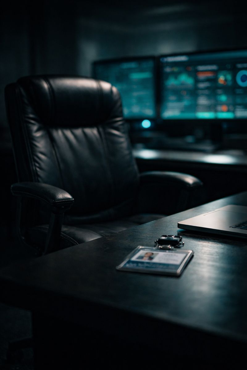 Firing security team members decision shown by empty desk with security badge