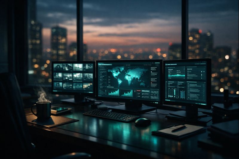 Executive office at dawn with security dashboards representing a new CISO's first 90 days