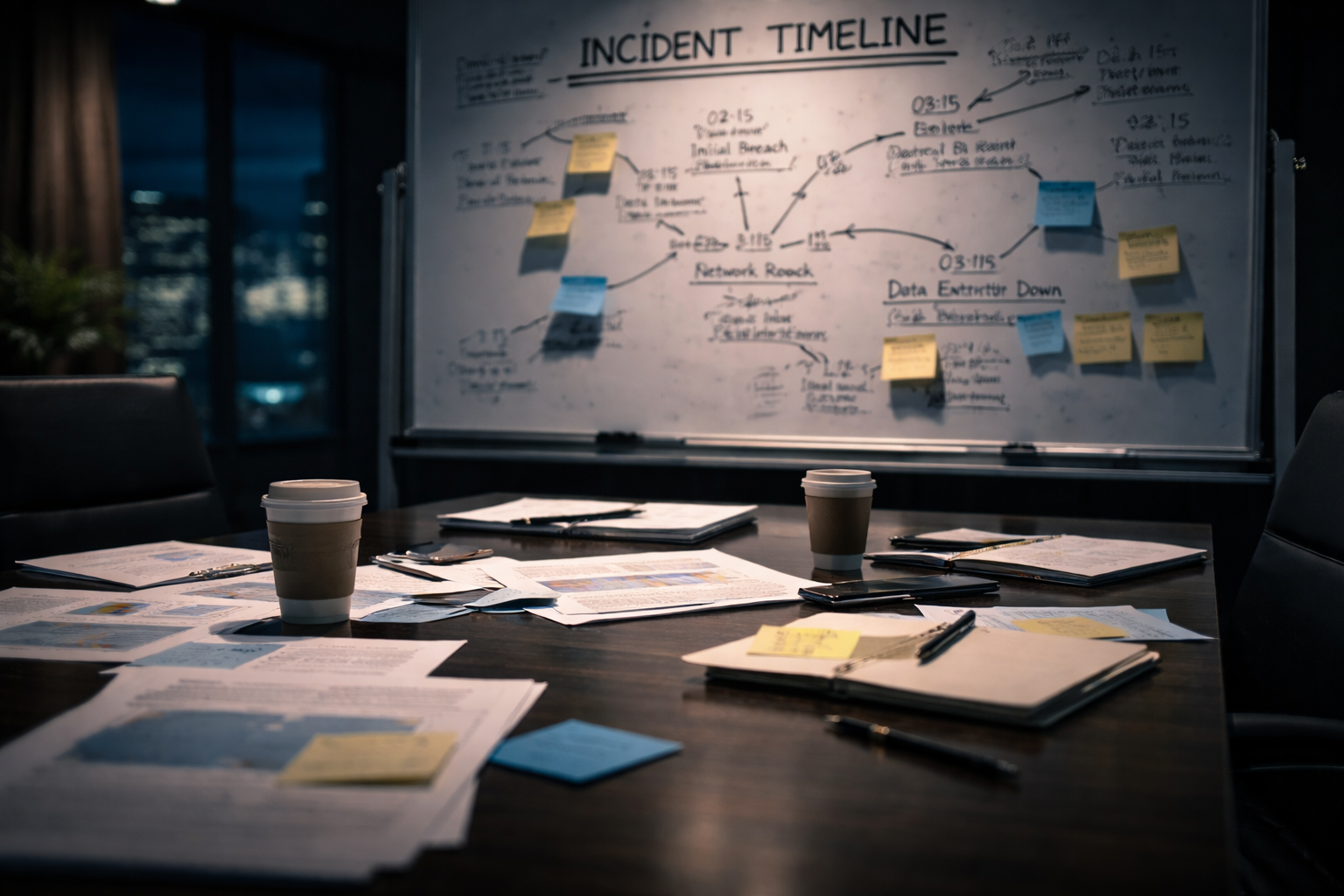 Security incident postmortem meeting room with timeline whiteboard