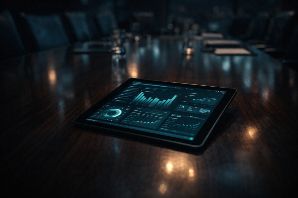 Security Metrics That Actually Matter to Leadership 1 Tablet displaying security metrics charts on executive boardroom table