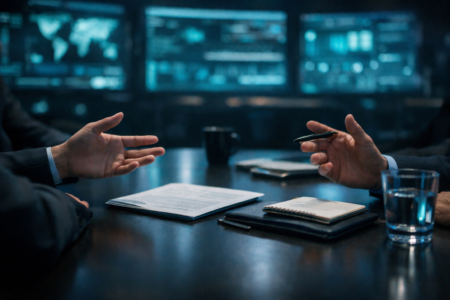 Security team leadership meeting in dark SOC with teal monitor glow