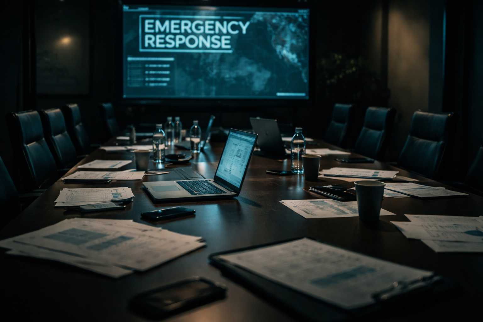 Dark conference room during a security tabletop exercise planning session